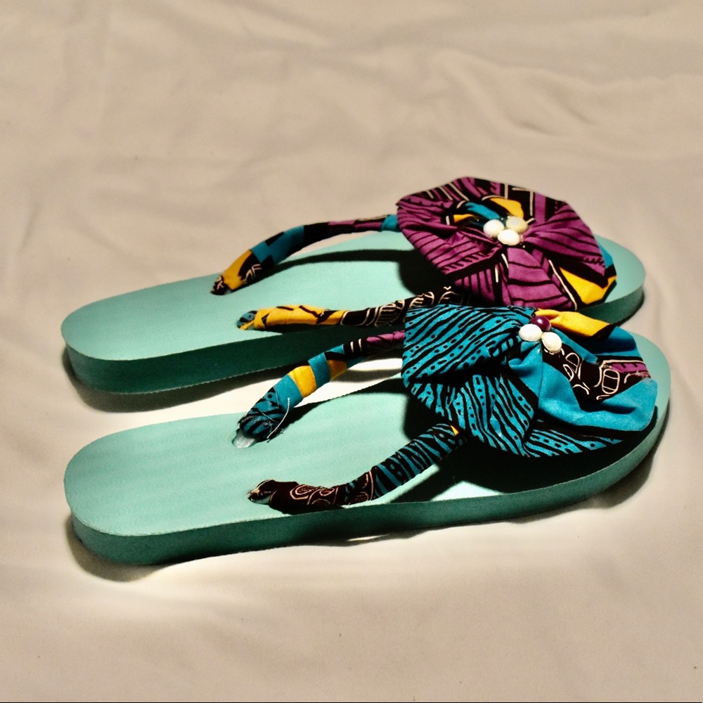 Hand Made Durable Sole Ghana Slippers /FlipFlop- Teal with African fabric